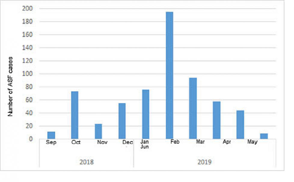 Het aantal gevallen van AVP per maand, sinds september 2018.