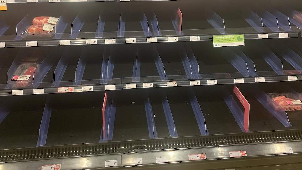Lege schappen varkensvlees de laatste weken in Nederland.