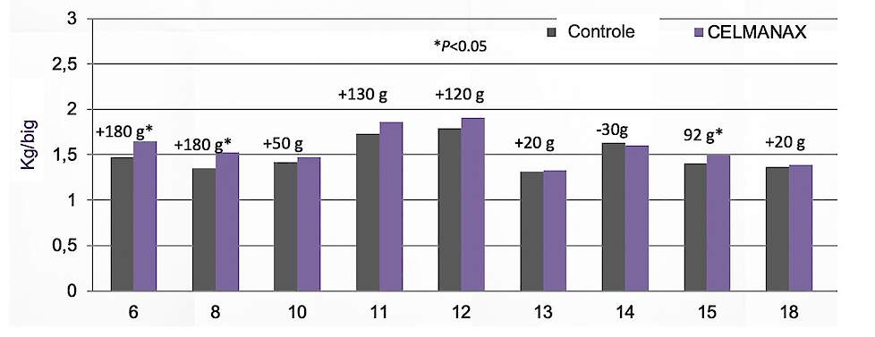 Figuur 2: effect op geboortegewicht: samengevoegde data van 9 verschillende proeven