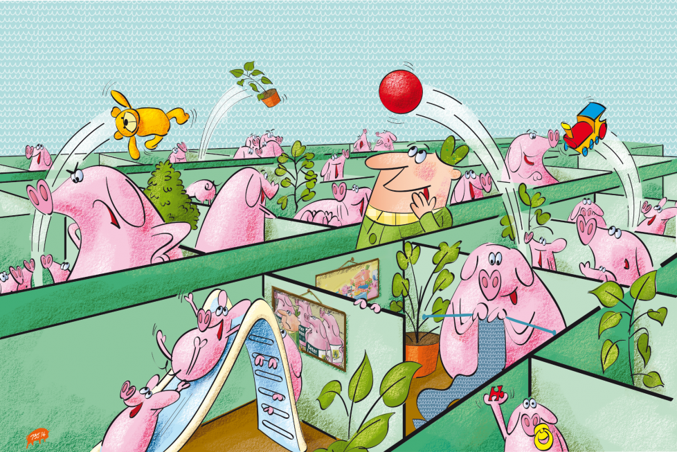 Illustratie van spelende varkens op kantoor