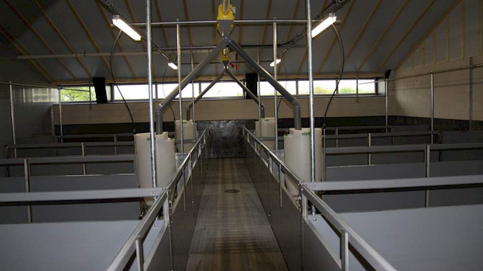 De lichtstraat aan beide zijdes van de nieuwe stal zorgt voor daglicht in de stal. De stal van Richard en Yvonne Hegeman bestaat uit zes afdelingen, vijf van 192 en één van 156 vleesvarkens.