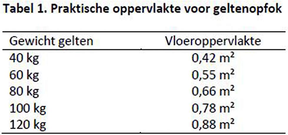 Tabel Praktische oppervlakte voor geltenopfok