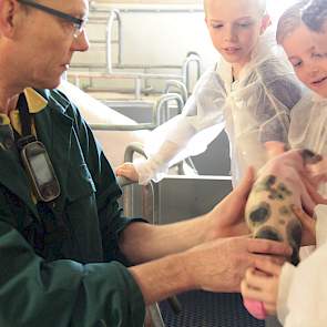 De 90 kinderen zijn opgedeeld in groepen en gaan met een lid (boer) van de werkgroep en een leerkracht naar een afdeling waar diverse beroepsmensen het woord doen. Op de foto Pascal Blokhorst die zo gastvrij is om alle kinderen te ontvangen, naar het voor